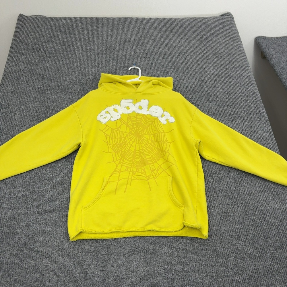 Sp5der Hoodie Mens S Yellow Cotton Rhinestone Web Graphic Streetwear Style
